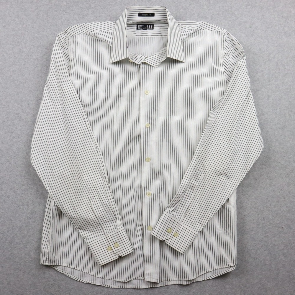 Express Shirt Mens Large 16-16.5 Modern Fit Button Up White Striped Long Sleeve